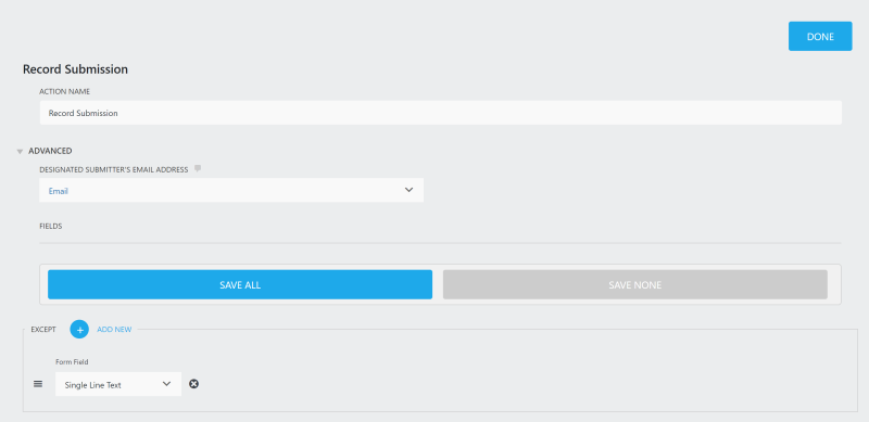 image of the record submission action settings window