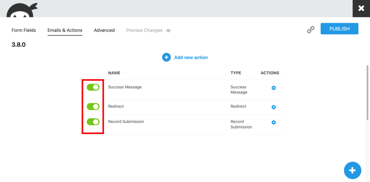 image of the Emails and Actions tab with the on off toggles to the left of each action. A toggle moved to the left is off, while a toggle moved to the right is on. 