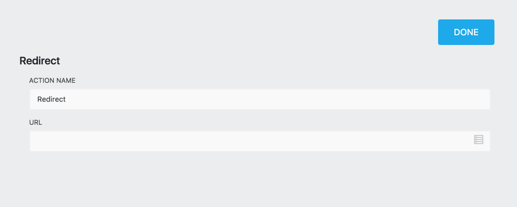 image of the redirect actions settings window with action name and URL settings