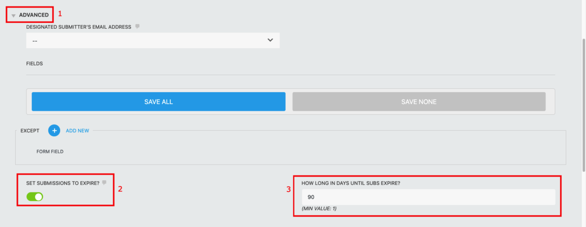 image of the record submission action settings with the advanced settings expanded. Under advanced, the set submissions to expire and expiration duration settings are highlighted
