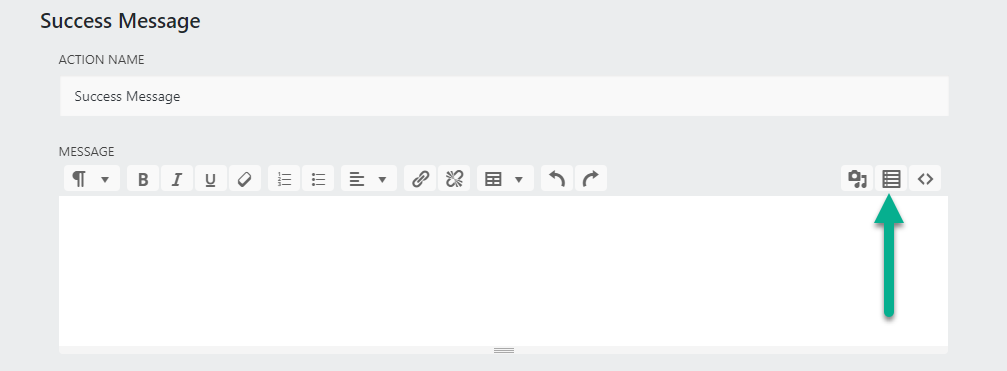 image of the success message settings with the option highlighted to add form field merge tags into the message