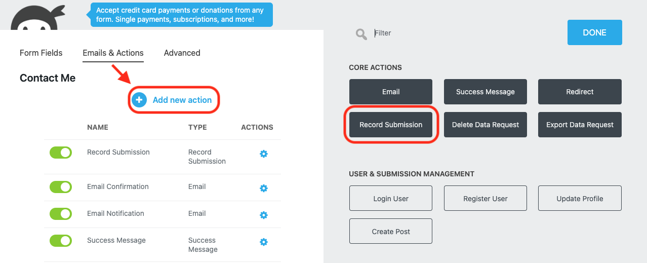 image of the Emails and Actions tab of the form builder with Add New action and the record submission action highlighted within the actions window