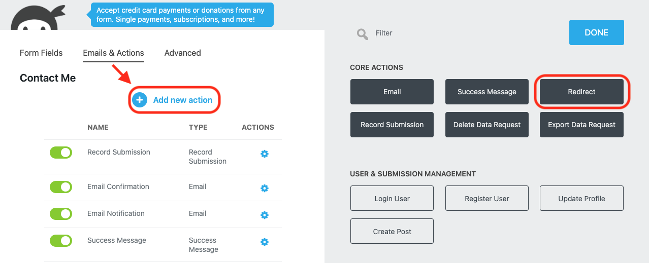 image of the Emails and Actions tab of the form builder with Add New action and the redirect action highlighted within the actions window