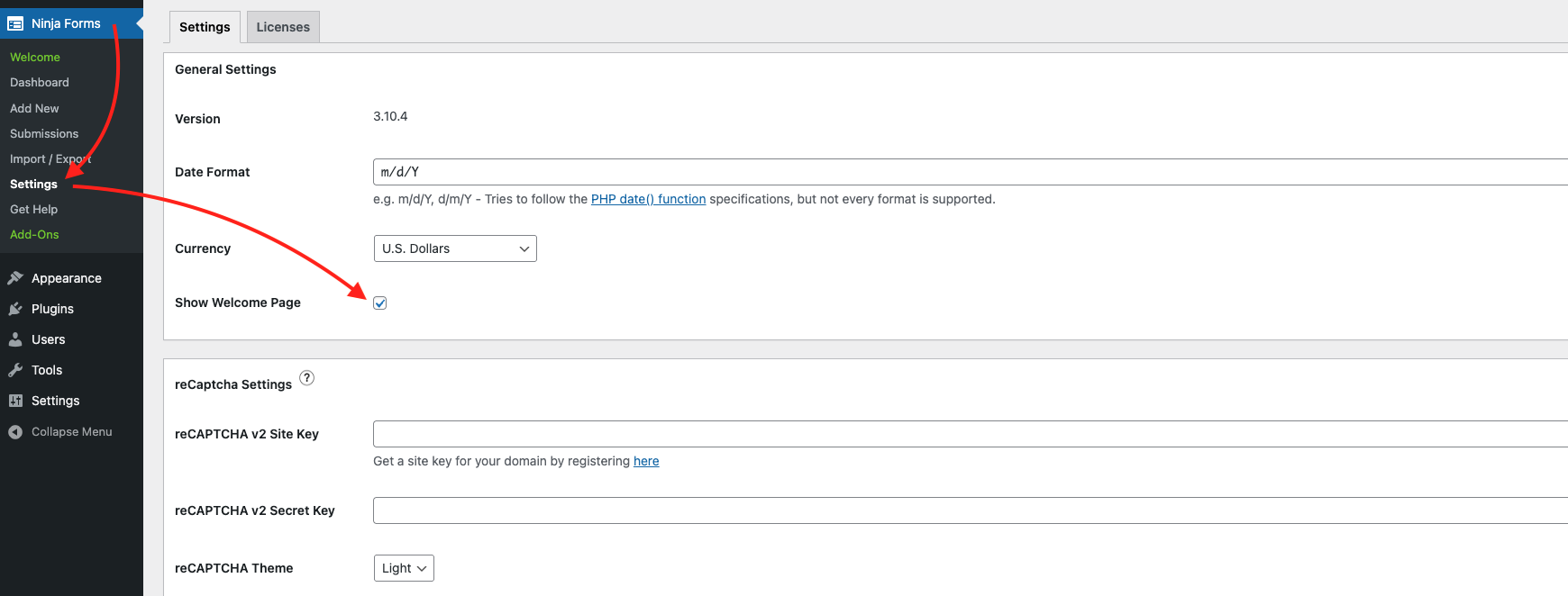 disable welcome page in ninja forms settings