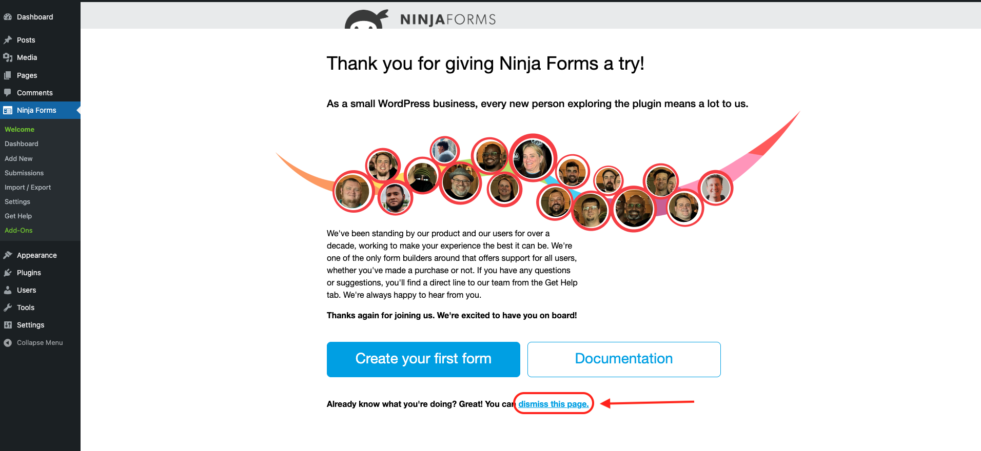 dismiss welcome page