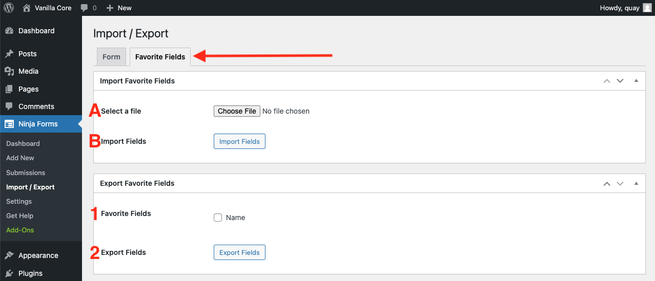 image of the import export page, favorite fields tab, with highlighted options for import field (a-b) and export field (1-2)
