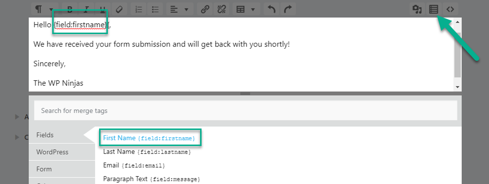 image of the success message settings with the boy content of the message being edited. Highlighted is the first line, which reads "Hello, {first name merge tag}"