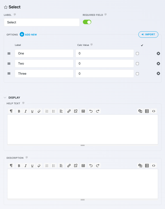 select field options and display settings
