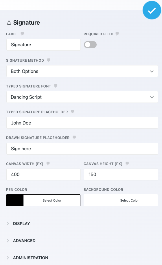 image of the signature field open in the field settings window
