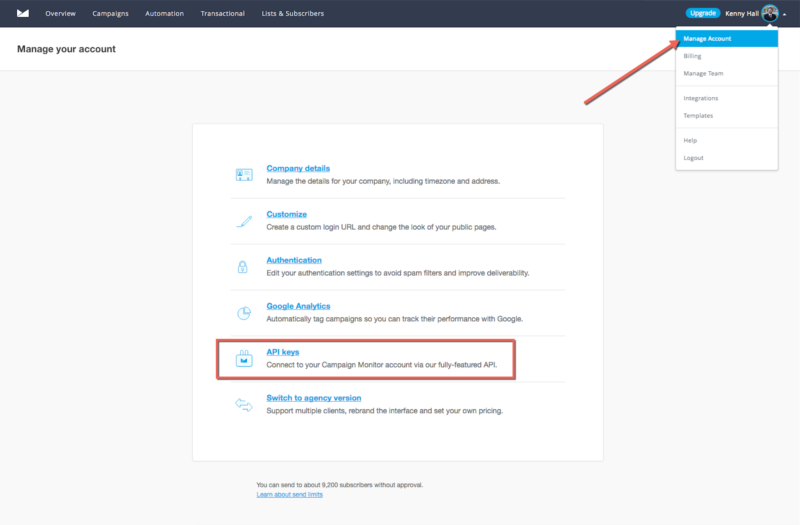 API Keys section in Campaign Monitor