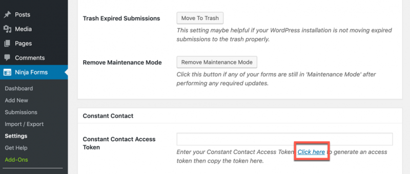 Constant Contact Click Here to generate access token