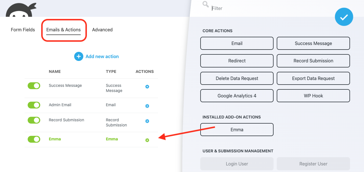 Emma action as seen in the actions window of the ninja forms builder