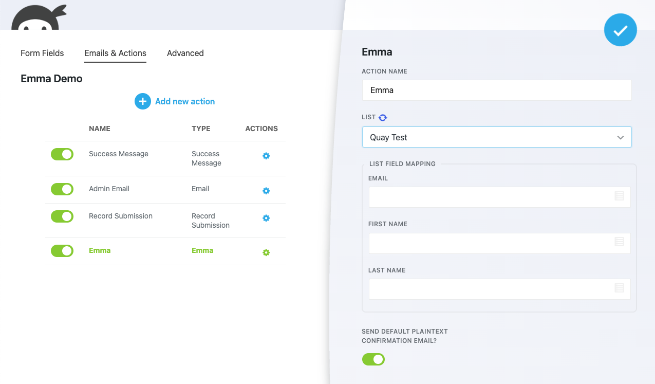 Emma action settings with Group selector and field mapping options shown