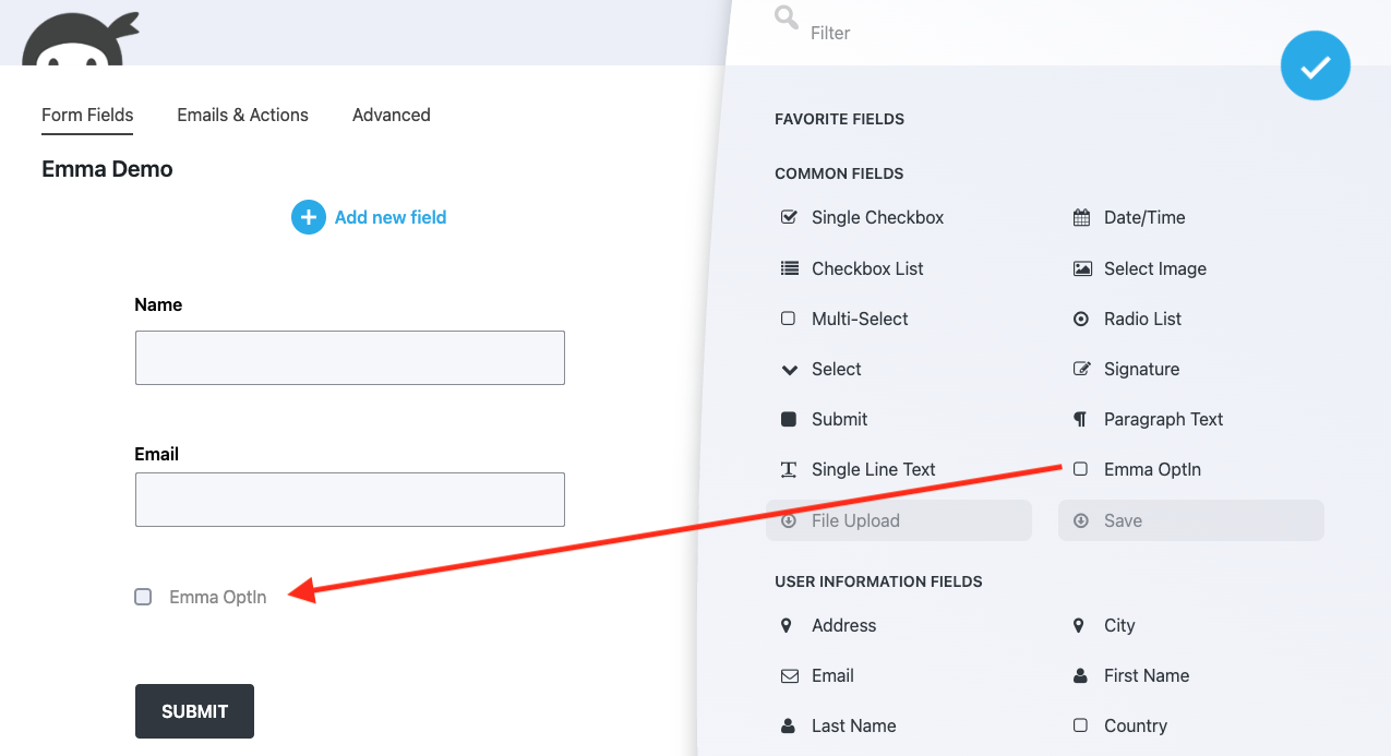 image of the emma opt-in field in the ninja forms fields window