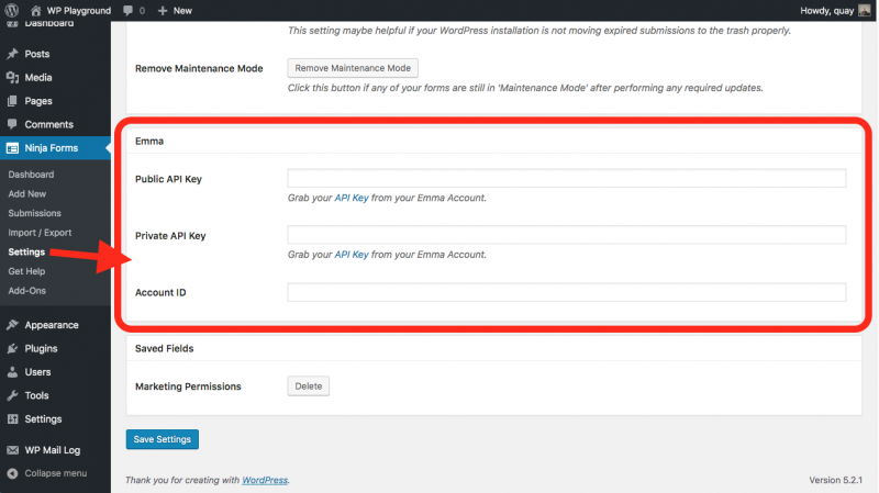 Emma connection settings in WordPress