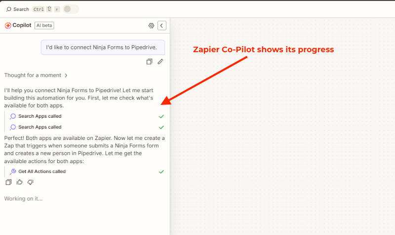 co-pilot progress with zap creation