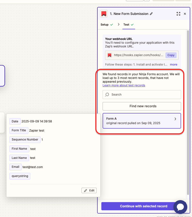 confirmation of test submission in Zap for Ninja Forms trigger