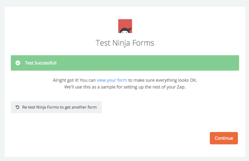 successful Ninja Forms - Zapier test