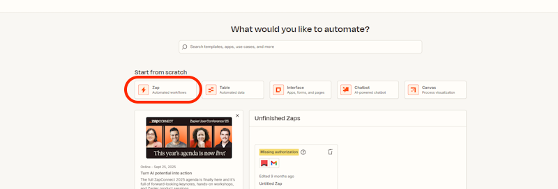 select zap to create from scratch