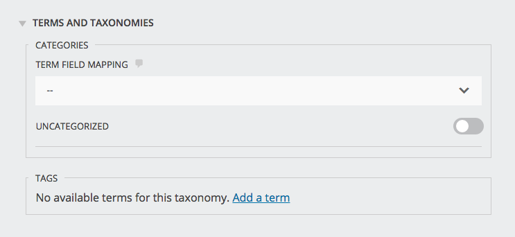 image of the post creation settings window with terms and taxonomies highlighted