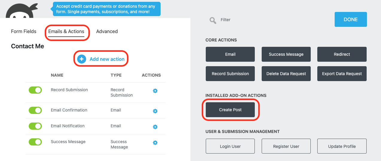 image of the Emails and Actions tab of the form builder with Add New action and the create post action highlighted within the actions window