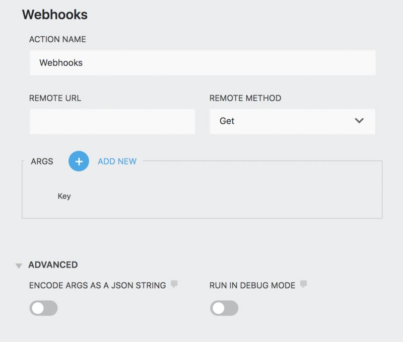 image of webhooks action settings