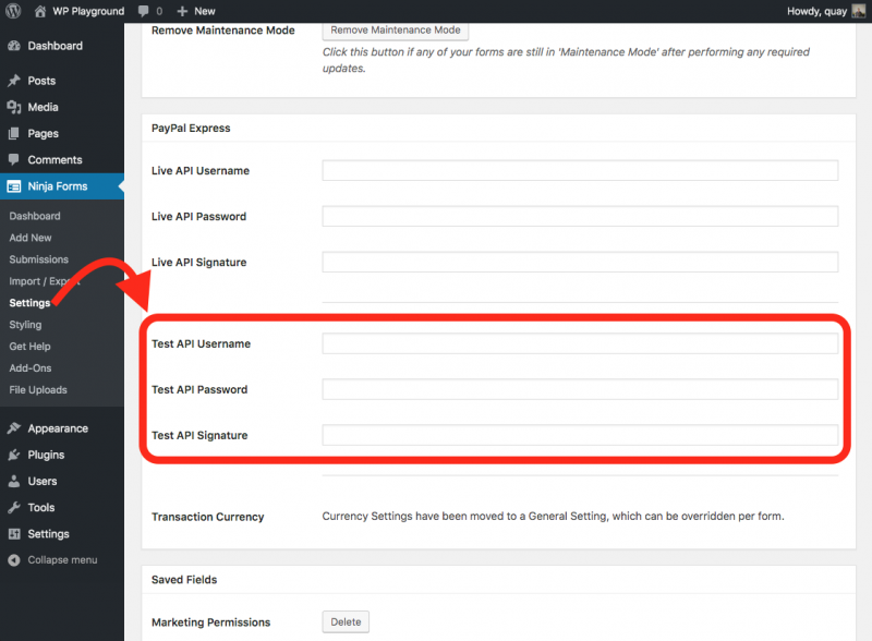 Inputting the test API into the PayPal Express settings in WordPress