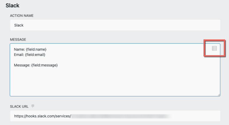 image of slack action settings with Merge tag filter highlighted