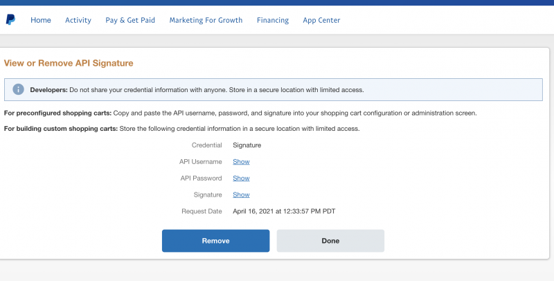 PayPal Express Credential Page