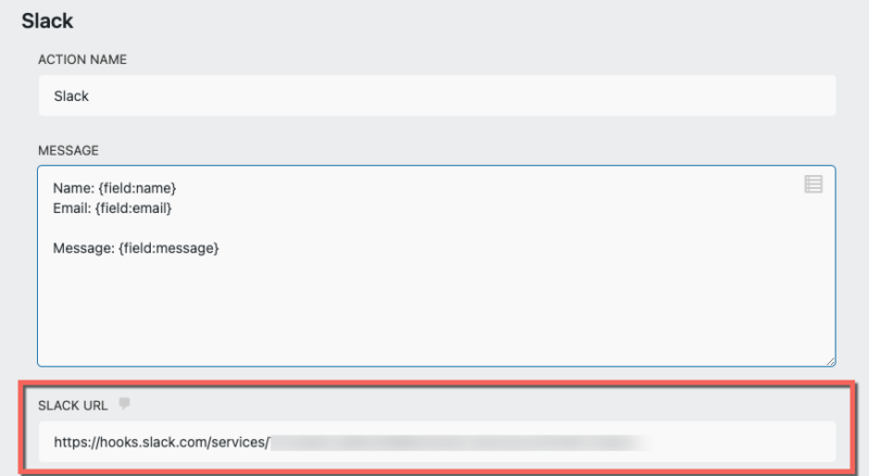 image of slack action settings with Slack Webhook URL highlighted