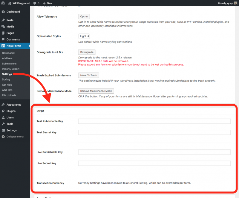 Stripe Settings in WordPress under Ninja Forms, settings