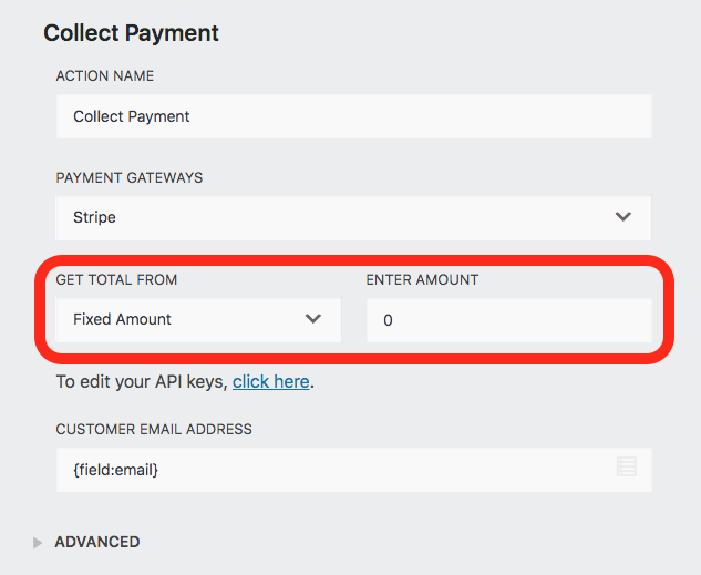 Stripe action settings window, charging a fixed amount