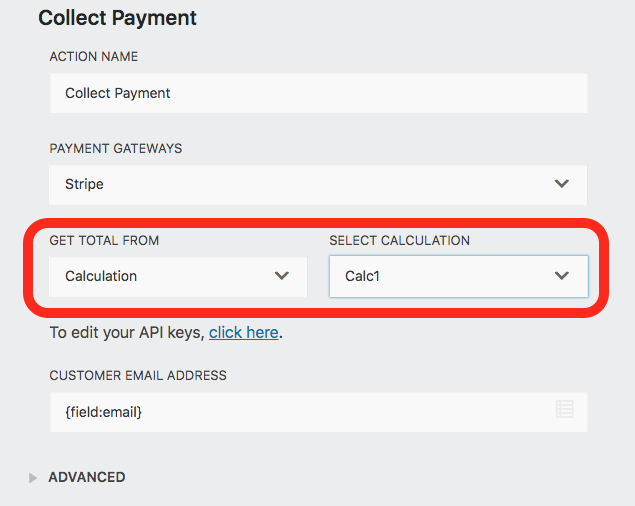 Stripe action settings window, getting total from a calculation