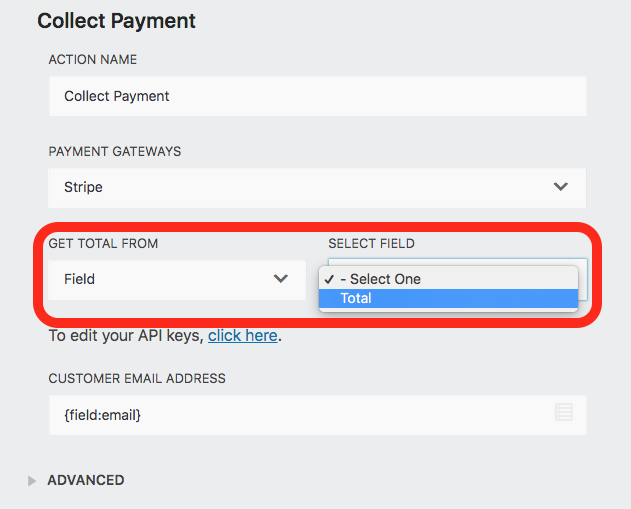 Stripe action settings window, getting total from a form field