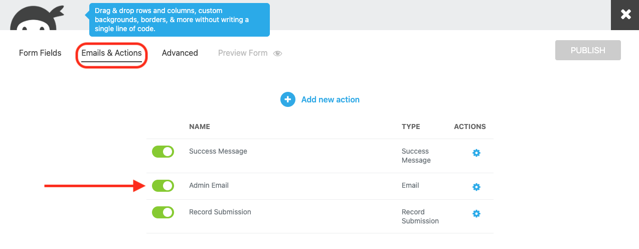 image of the emails and actions tab with an email action highlighted by an arrow