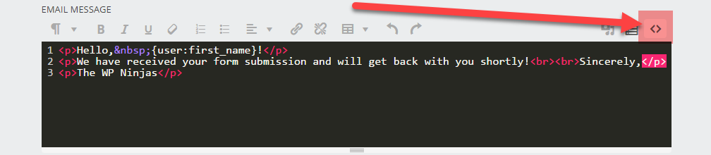image of the success message settings with the html editor option highlighted and the html editor opened