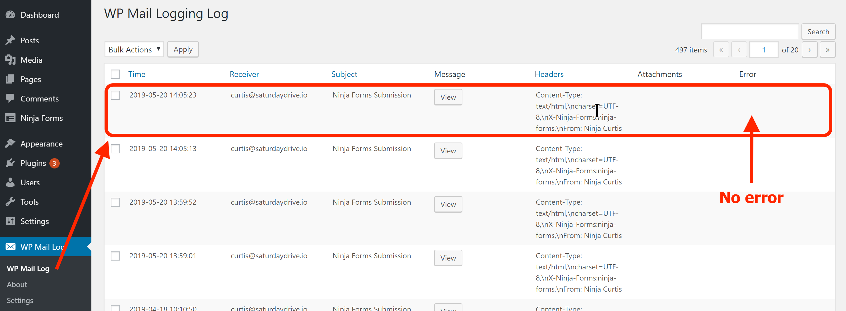 image of wp mail logging dashboard. several email events have been recorded originating from a form, with the error column highlighted but empty.