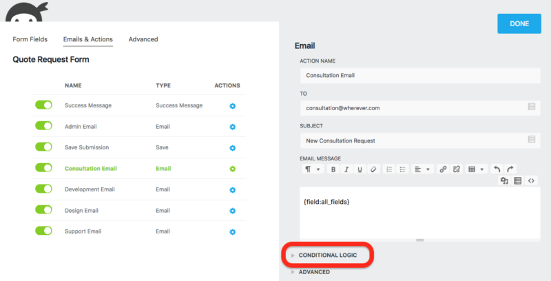send conditonal email email action settings