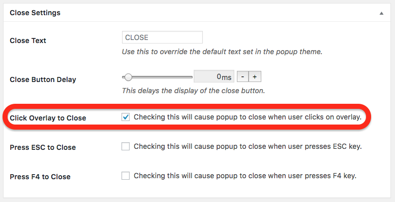 wordpress popup plugin popup maker close settings option
