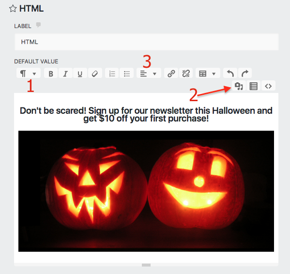 add an image to ninja forms via the html field settings window media button