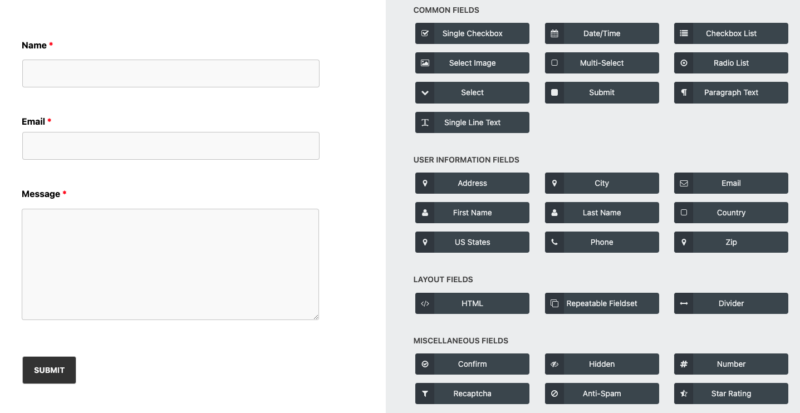 wordpress contact form ninja forms field drawer