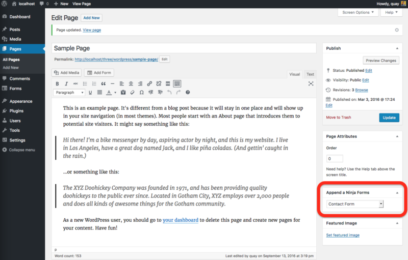 wordpress contact form append a ninja form box in page builder