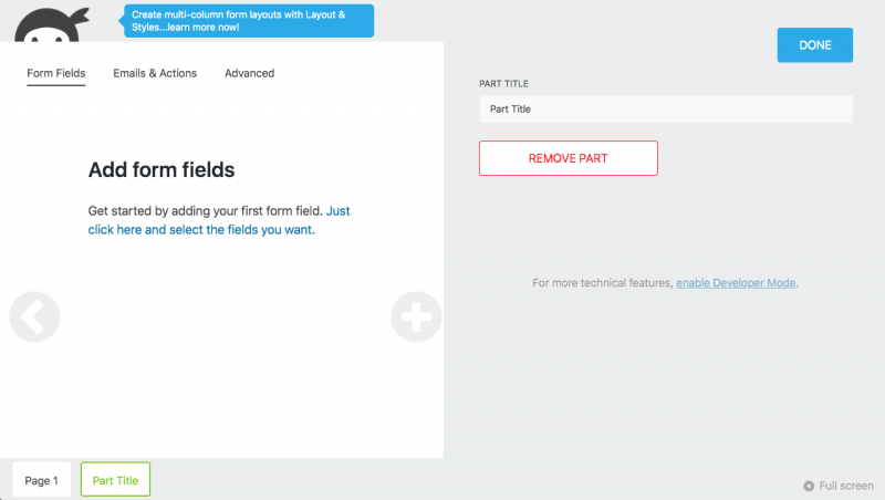 the options drawer of the part