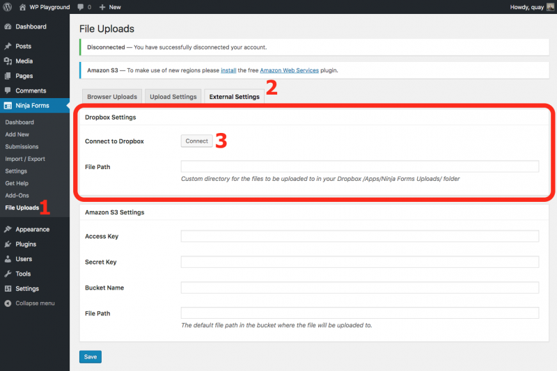 Connect to Dropbox settings