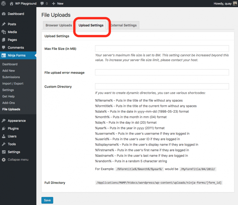 the upload settings tab