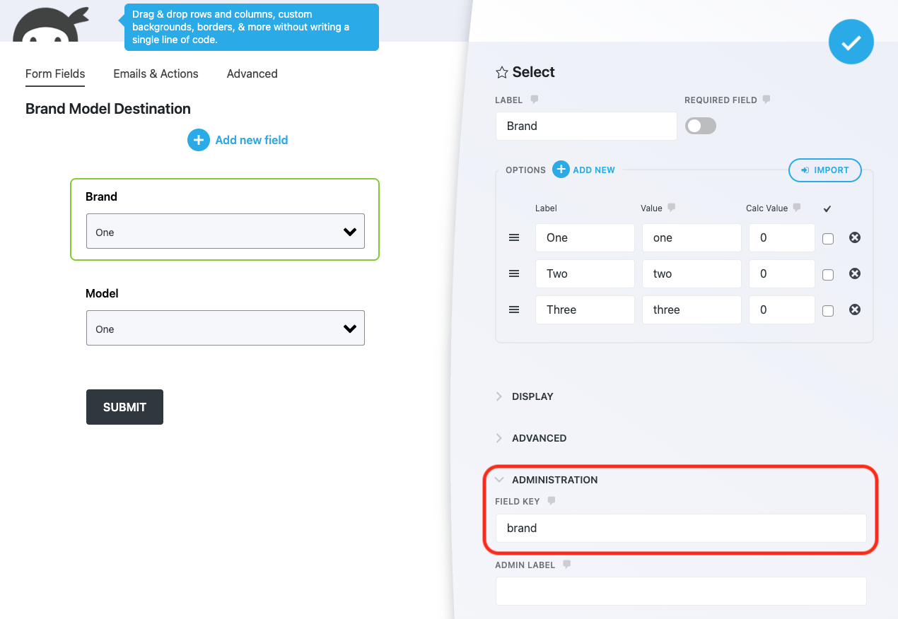image of a list field's Administration settings with the text brand entered into the field key setting