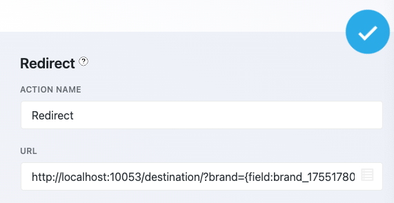 image of a redirect action with a url+ querystring entered into the URL field of the action