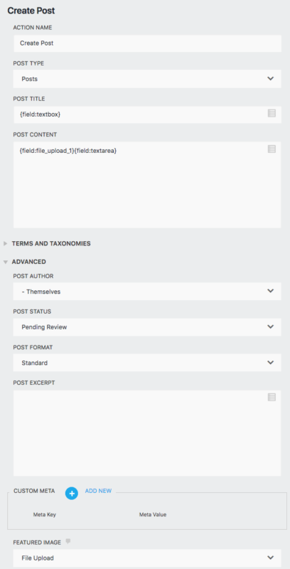 user submitted posts create post settings window