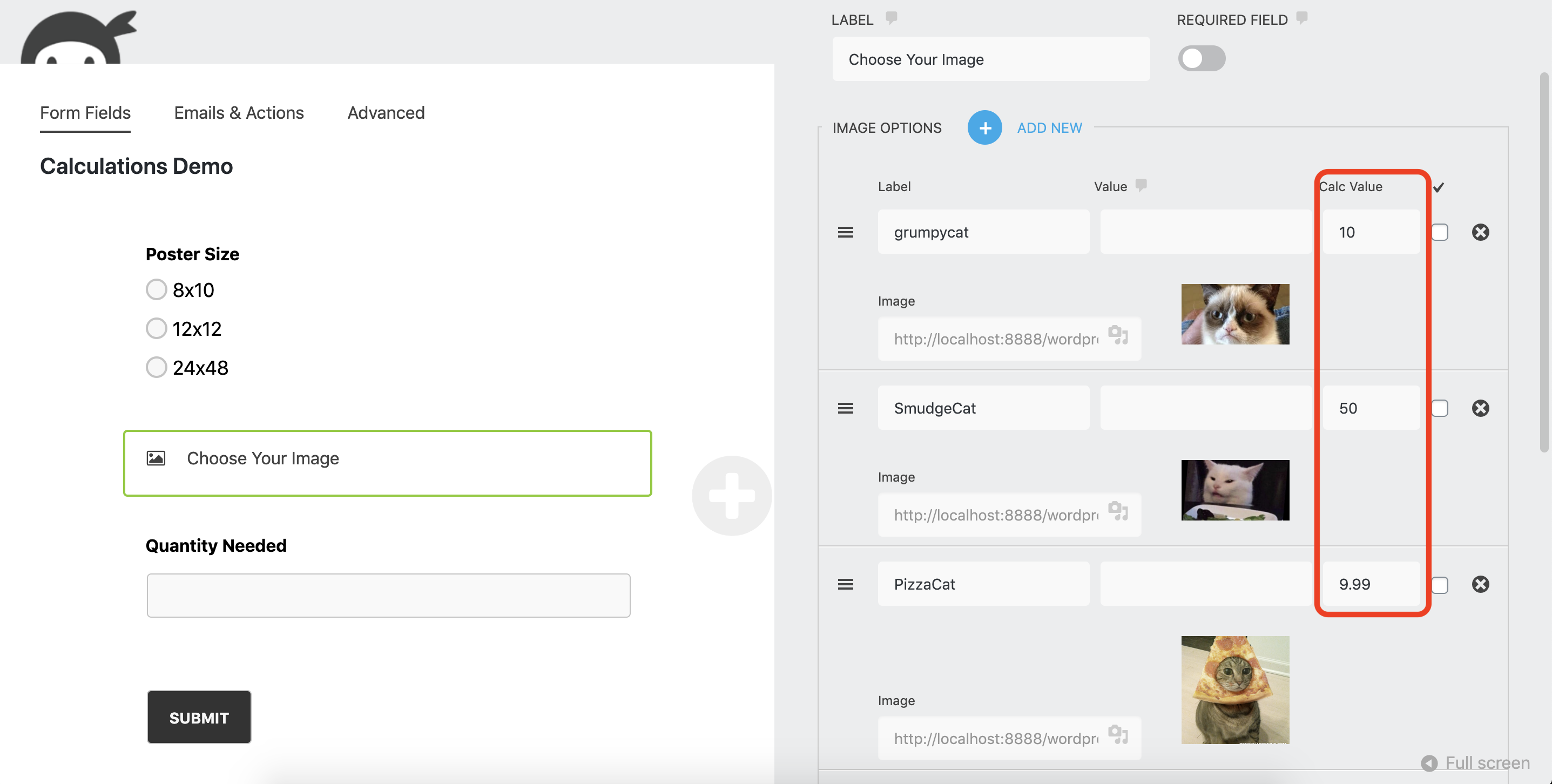 select image field featuring grumpy cat, smudge cat, and pizza cat with the calc value setting highlighted to the right of each list option