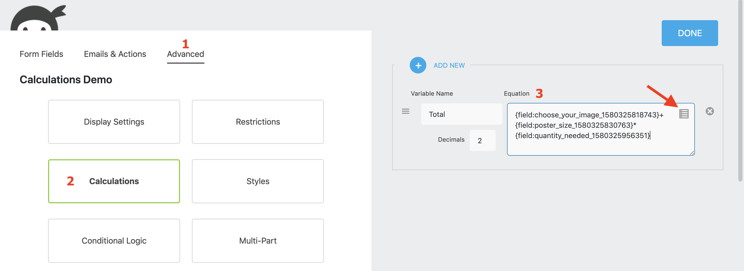 ninja forms calculations getting the total of three fields via additoion and multiplication of field values using those field's merge tag